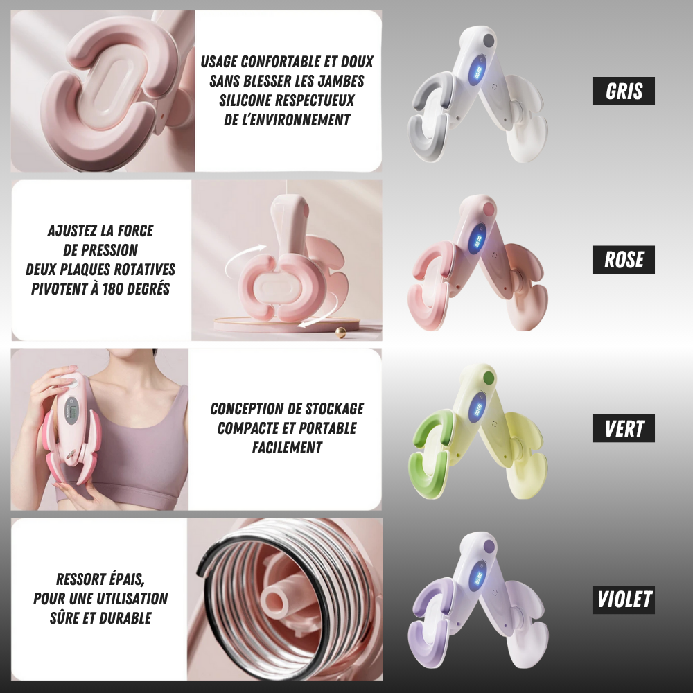 Vue des 3 modes d'utilisation du muscleur de cuisses avec zones musculaires ciblées