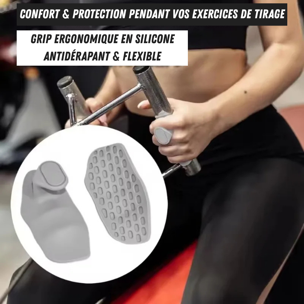 Grip ergonomique en silicone utilisé sur poulie – confort de tirage et protection de la main pendant l’entraînement