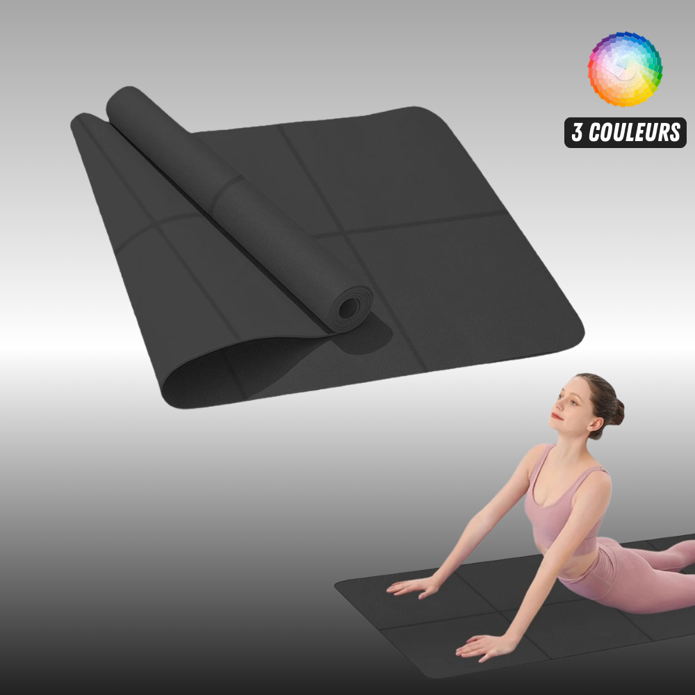Tapis de yoga et musculation noir disponible en 3 couleurs avec posture d’étirement