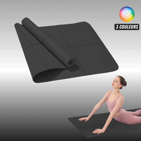 Tapis de yoga et musculation noir disponible en 3 couleurs avec posture d’étirement